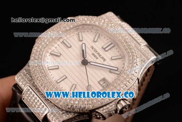 Patek Philippe Nautilus Miyota 9015 Automatic Steel Case Diamond Bezel with White Dial and Black Leather Strap - Click Image to Close
